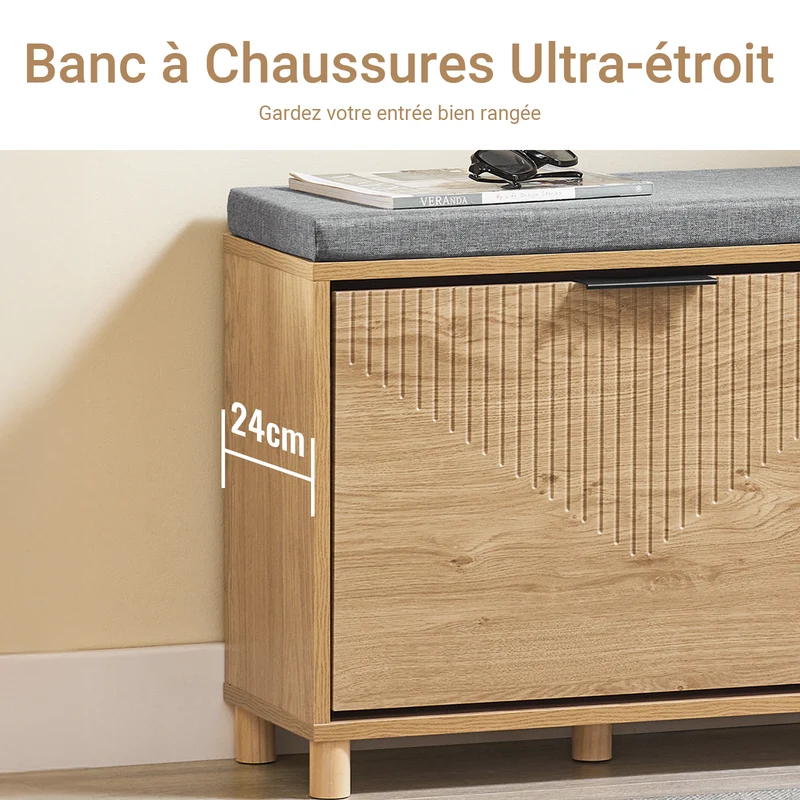 SoBuy FSR199-N Banc à Chaussures avec Abattant et Rangement Caché – Coussin Rembourré – 24 cm – Naturel