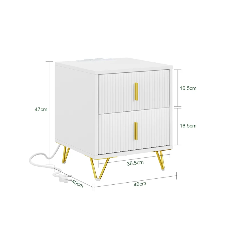 SoBuy FBT115-E-W Table de Chevet avec Prise Intégrée 4-en-1 – 2 Prises, USB, Type-C, 2 Tiroirs, Poignées Dorées, Blanc