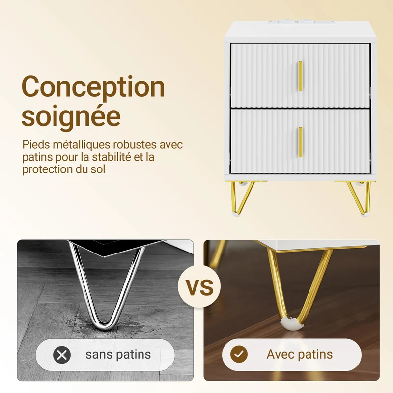 SoBuy FBT115-E-W Table de Chevet avec Prise Intégrée 4-en-1 – 2 Prises, USB, Type-C, 2 Tiroirs, Poignées Dorées, Blanc