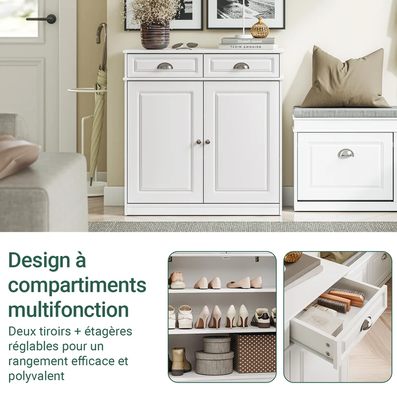 SoBuy FSB104-W Armoire à Chaussures avec Tiroirs et Étagères Réglables, Meuble d'Entrée – 80x35x82 cm, Blanc