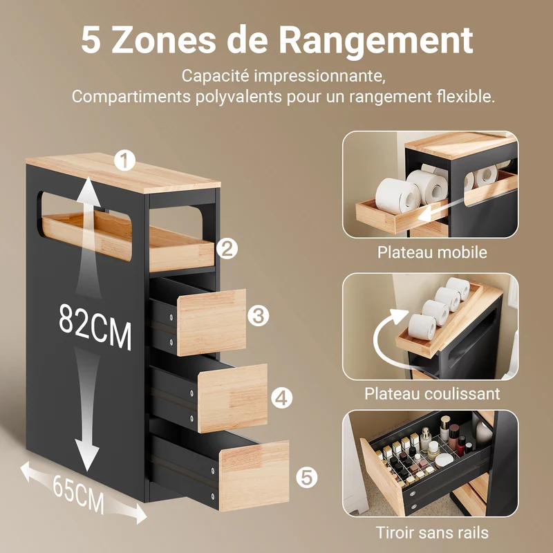SoBuy BZR54-II-SCH Meuble Salle de Bain sur Roulettes, 3 Tiroirs avec Séparateurs, Étagère Ouverte – 65x23x82 cm, Noir