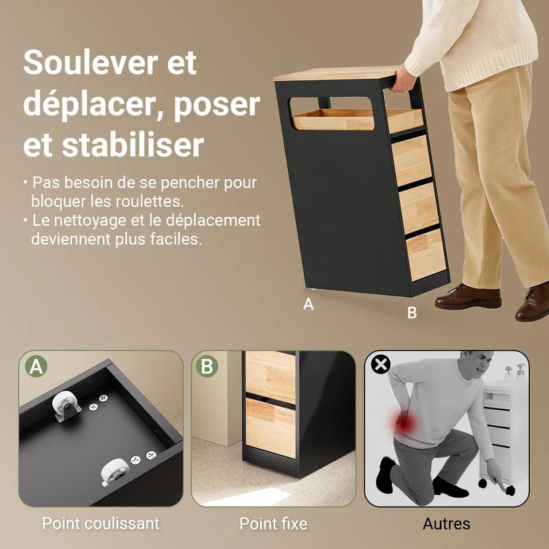 SoBuy BZR54-II-SCH Meuble Salle de Bain sur Roulettes, 3 Tiroirs avec Séparateurs, Étagère Ouverte – 65x23x82 cm, Noir