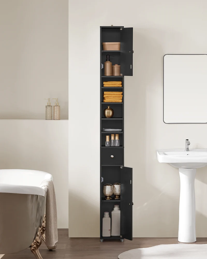 SoBuy BZR34-SCH Colonne Salle de Bain avec Tiroir et Étagères Réglables, Format Compact, Gain de Place, pour Salle de Bain et WC – L20×P20×H180 cm, MDF, Noir