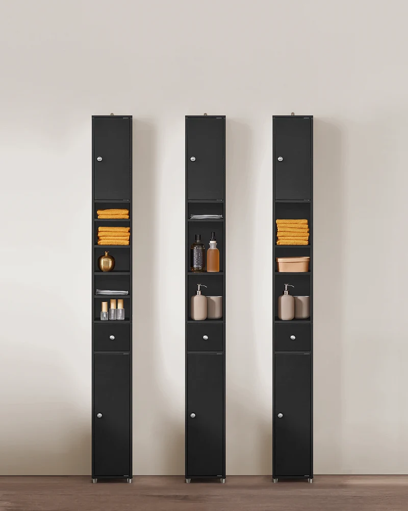 SoBuy BZR34-SCH Colonne Salle de Bain avec Tiroir et Étagères Réglables, Format Compact, Gain de Place, pour Salle de Bain et WC – L20×P20×H180 cm, MDF, Noir