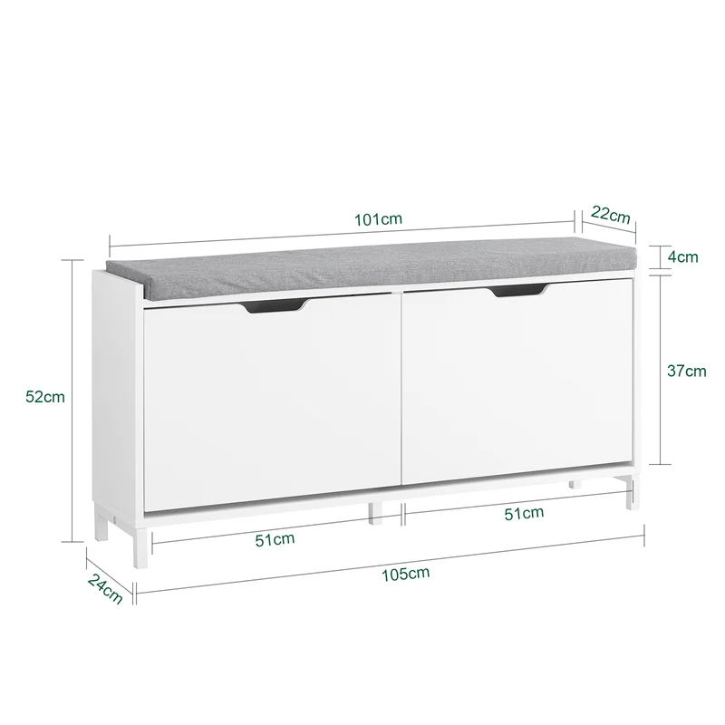 SoBuy FSR151-L-W Banc à Chaussures avec 4 Compartiments et Coussin Confortable, pour Entrée et Couloir, Compact – L105×P24×H52 cm, Charge 250 kg, Bois, Blanc