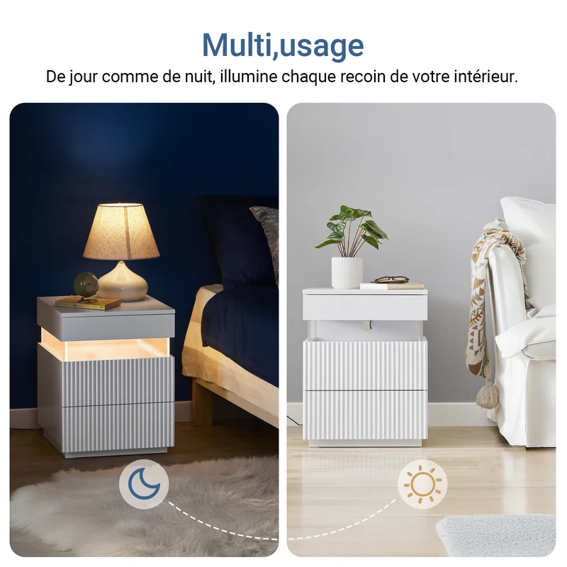 SoBuy FBT167-E-W Table de Chevet avec 3 Tiroirs, 2 Panneaux latéraux en Acrylique et éclairage LED, Design Moderne, Design Fonctionnel – L41×P40×H52 cm, Blanc