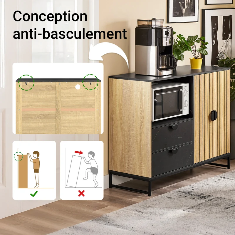 SoBuy FSB103-N Buffet Cuisine avec Niche Micro-Ondes et Étagère Réglable – L107 × P40 × H85 cm, Chêne / Noir