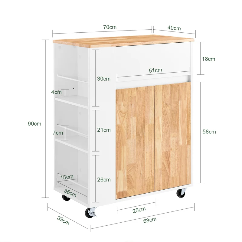 SoBuy FKW132-WN Desserte Cuisine avec Roues, pour Cuisine et Salle à Manger, Rangement Optimisé, Design Fonctionnel – L70×P40×H90 cm, Bois d’Hévéa, Blanc