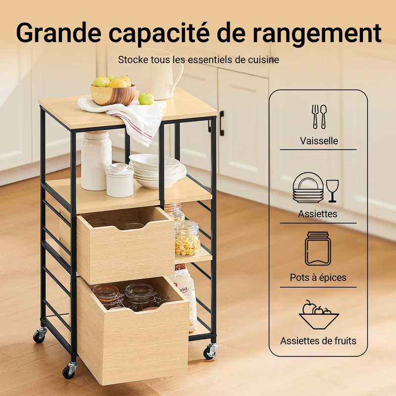 SoBuy FKW111-N Desserte de Cuisine avec 2 Tiroirs, 3 Étagères et 4 Roulettes 360° – L53×P37×H89 cm, PB et Acier, Noir et Naturel