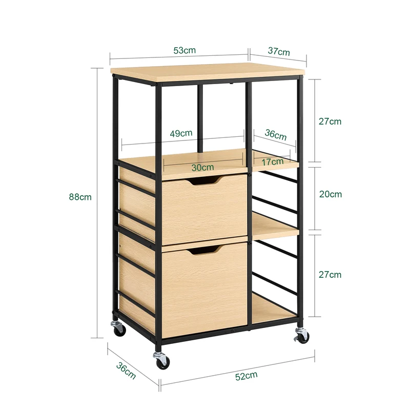 SoBuy FKW111-N Desserte de Cuisine avec 2 Tiroirs, 3 Étagères et 4 Roulettes 360° – L53×P37×H89 cm, PB et Acier, Noir et Naturel