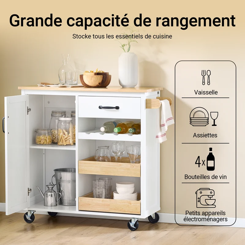 SoBuy FKW131-WN Desserte Cuisine avec Roues, pour Cuisine et Salle à Manger, Rangement Optimisé, Design Fonctionnel – L92×P42×H87 cm, Bois d’Hévéa, Blanc