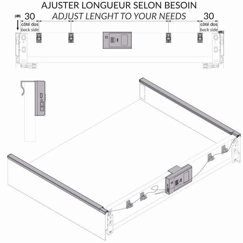 Ensemble de profilés LED pour tiroir R13, 550 mm à couper sur mesure, anthracite