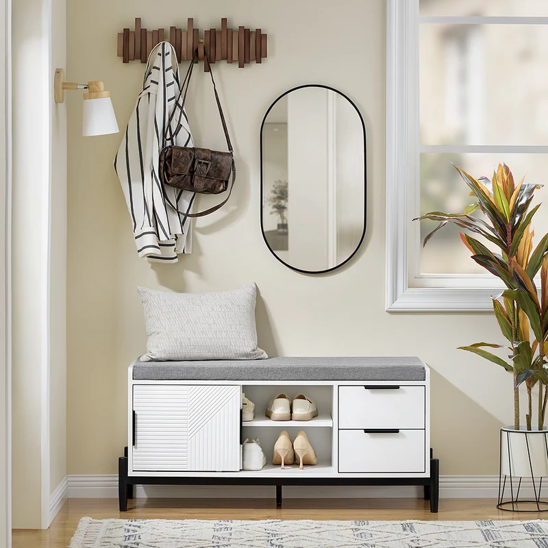 SoBuy FSR187-W Banc à Chaussures avec Coussin Rembourré, 2 Portes Coulissantes et 2 Tiroirs, pour Entrée et Couloir, Compact – L110×P35×H51 cm, Métal, Blanc