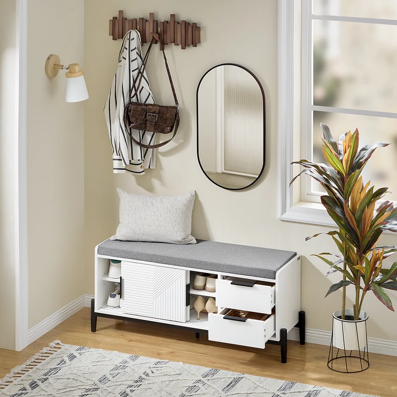 SoBuy FSR187-W Banc à Chaussures avec Coussin Rembourré, 2 Portes Coulissantes et 2 Tiroirs, pour Entrée et Couloir, Compact – L110×P35×H51 cm, Métal, Blanc