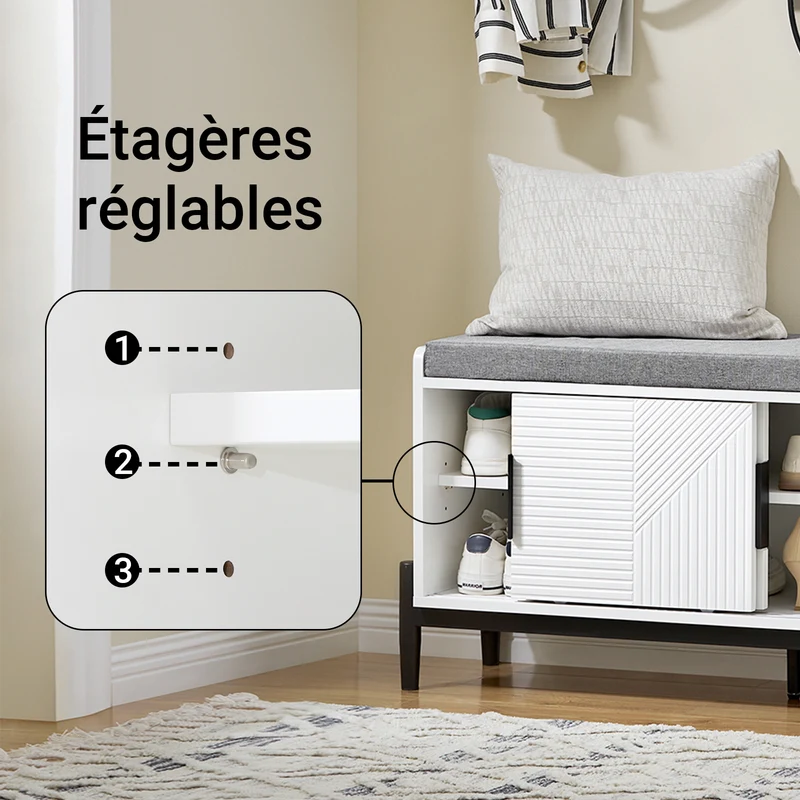 SoBuy FSR187-W Banc à Chaussures avec Coussin Rembourré, 2 Portes Coulissantes et 2 Tiroirs, pour Entrée et Couloir, Compact – L110×P35×H51 cm, Métal, Blanc
