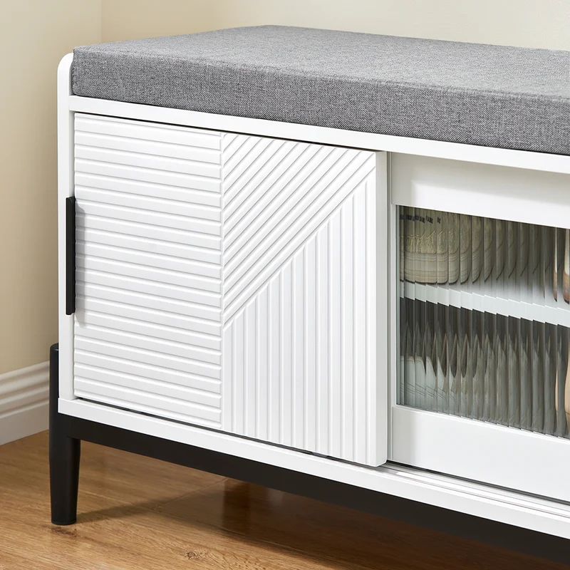 SoBuy FSR187-W Banc à Chaussures avec Coussin Rembourré, 2 Portes Coulissantes et 2 Tiroirs, pour Entrée et Couloir, Compact – L110×P35×H51 cm, Métal, Blanc