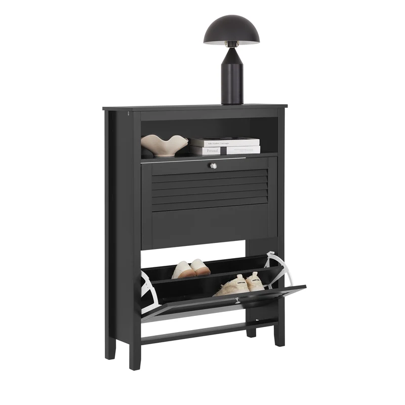 SoBuy FSR152-SCH Meuble à Chaussures à Abattants 2 Niveaux – Rangement Discret pour Entrée – 80x25x108 cm Noir