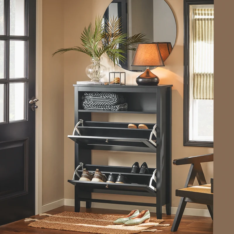 SoBuy FSR152-SCH Meuble à Chaussures à Abattants 2 Niveaux – Rangement Discret pour Entrée – 80x25x108 cm Noir