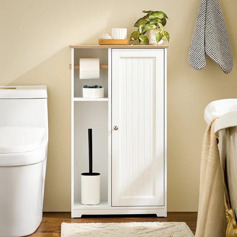 SoBuy BZR189-W Meuble de Rangement Salle de Bain Armoire Porte-Papier Toilette Porte Brosse WC avec 1 Porte