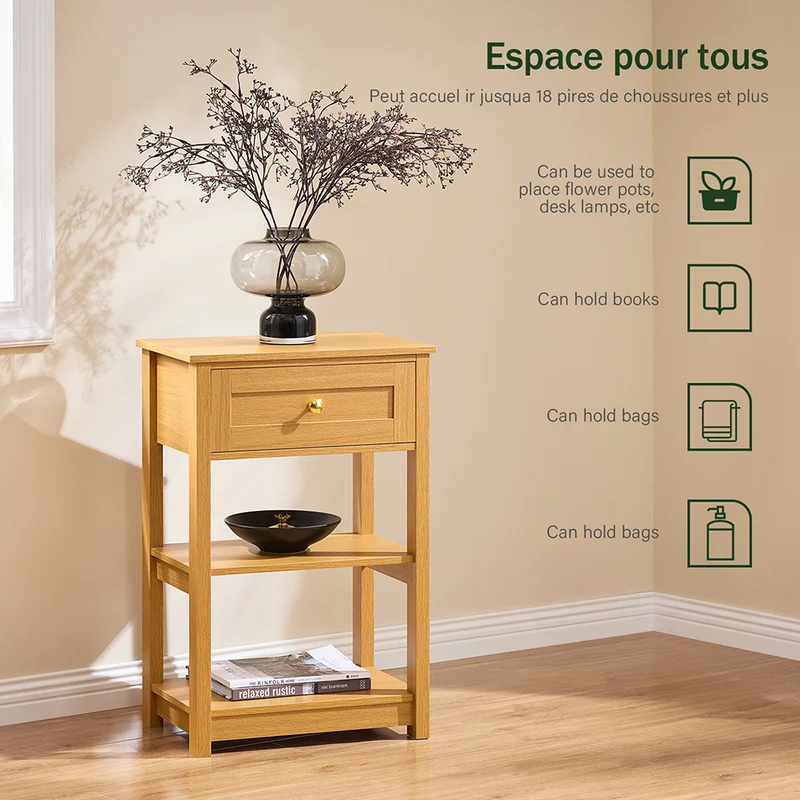 SoBuy FBT46-N Table de Chevet avec 1 Tiroir & 2 Étagères, Table d'appoint Moderne, Nature, L45 x P30 x H68cm