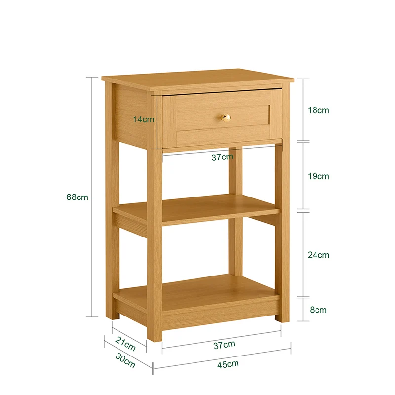 SoBuy FBT46-N Table de Chevet avec 1 Tiroir & 2 Étagères, Table d'appoint Moderne, Nature, L45 x P30 x H68cm