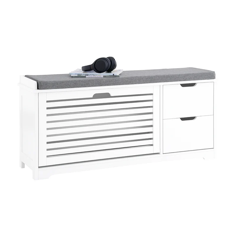 SoBuy FSR185-W Banc de Rangement, Meuble d'Entrée, Commode à Chaussure, Banquette avec Coussin Rembourré 1 Abattant et 2 Tiroir