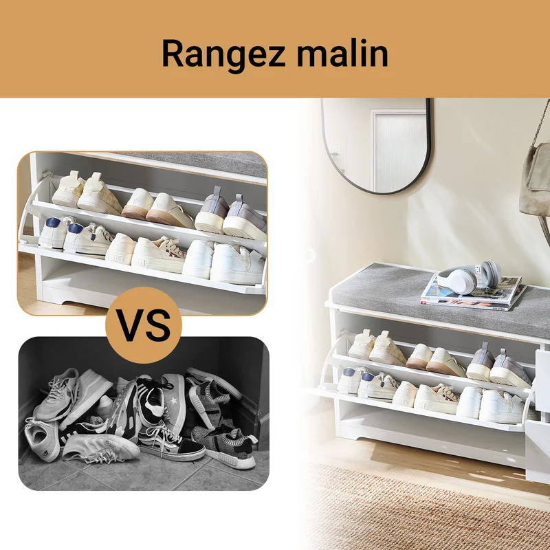 SoBuy FSR185-W Banc de Rangement, Meuble d'Entrée, Commode à Chaussure, Banquette avec Coussin Rembourré 1 Abattant et 2 Tiroir