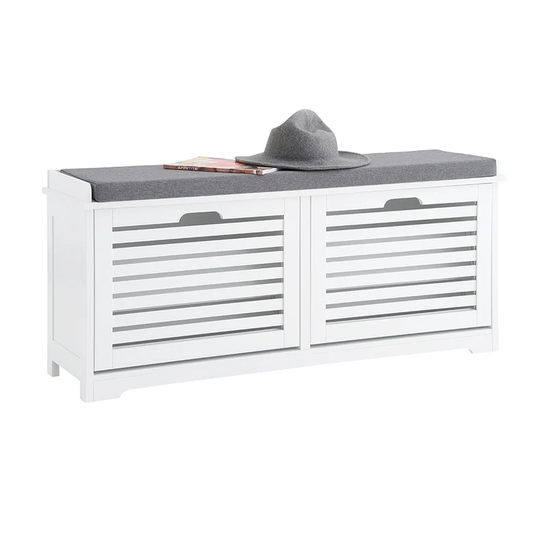 SoBuy FSR184-W Banc à Chaussures avec 2 Abattants et Coussin, pour Entrée et Couloir, Rangement Optimisé, Design Fonctionnel, Compact – L110×P29×H49 cm, Blanc