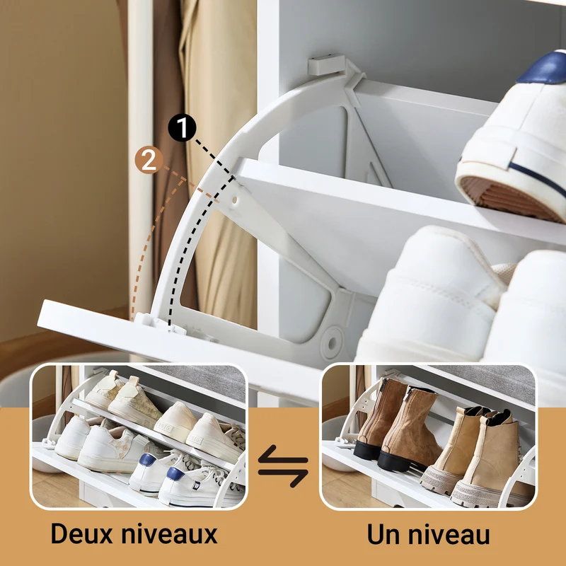 SoBuy FSR184-W Banc à Chaussures avec 2 Abattants et Coussin, pour Entrée et Couloir, Rangement Optimisé, Design Fonctionnel, Compact – L110×P29×H49 cm, Blanc