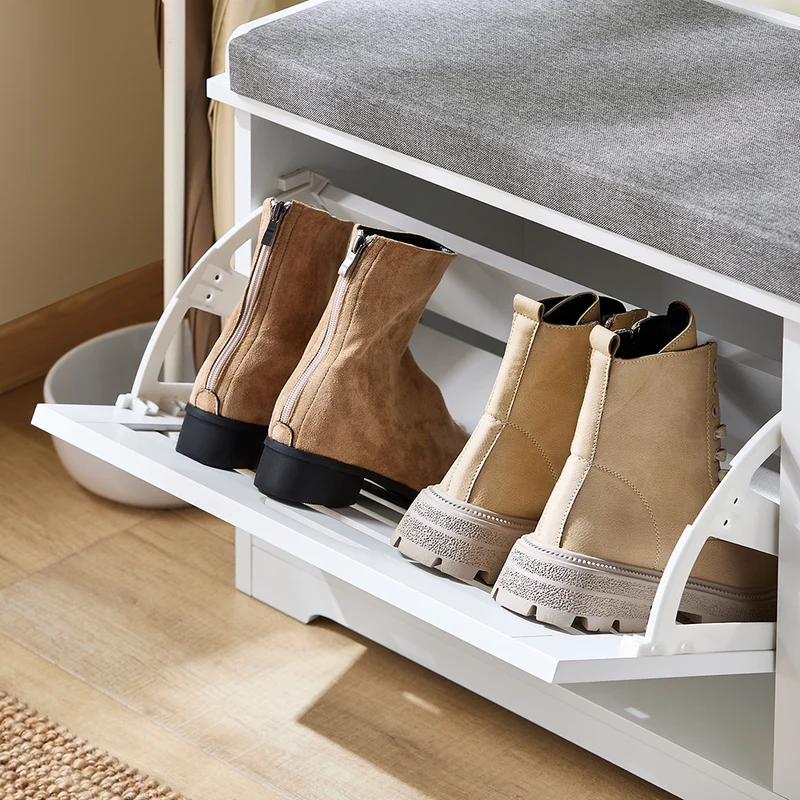 SoBuy FSR184-K-W Banc Chaussures, Rangement pour Chaussures, Armoire à Chaussures, Meuble d'entrée, Coffre avec 1 Abattant et 1 Coussin