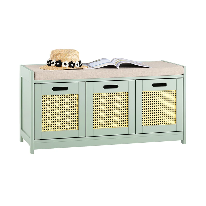 SoBuy FSR182-GR Banc à Chaussures Entrée – Rangement Chaussures avec Coussin Confortable, 2 Portes et Tiroir, Banc d’Entrée pour Salon Couloir – Vert, 90x35x45 cm