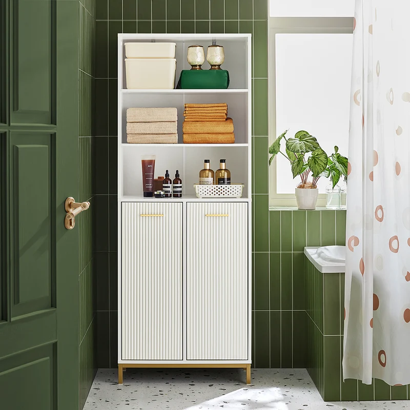SoBuy BZR182-W Colonne Salle de Bain avec 2 Portes, 2 Paniers à Linge Amovibles et 3 Compartiments Ouverts, pour Salle de Bain et WC – L65×P32×H170 cm, Blanc