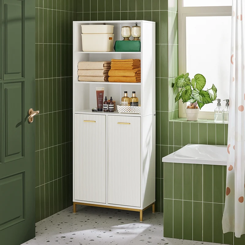 SoBuy BZR182-W Colonne Salle de Bain avec 2 Portes, 2 Paniers à Linge Amovibles et 3 Compartiments Ouverts, pour Salle de Bain et WC – L65×P32×H170 cm, Blanc