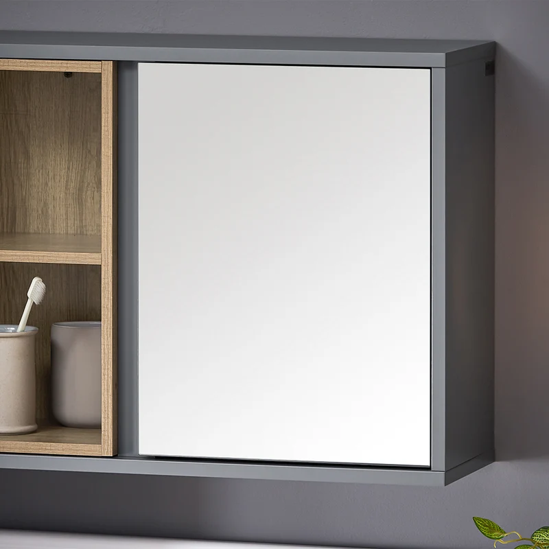 SoBuy BZR149-DG Armoire Murale avec Miroir , Placard de Rangement Suspendu, Meuble Haut Salle de Bain avec Porte et 2 Compartiments Ouverts