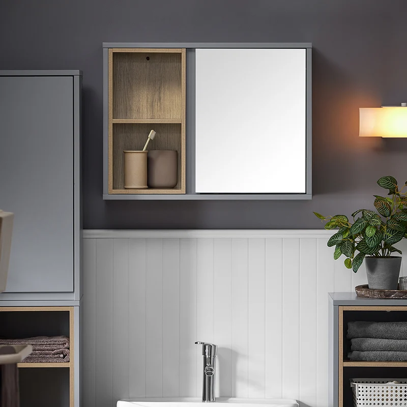 SoBuy BZR149-DG Armoire Murale avec Miroir , Placard de Rangement Suspendu, Meuble Haut Salle de Bain avec Porte et 2 Compartiments Ouverts