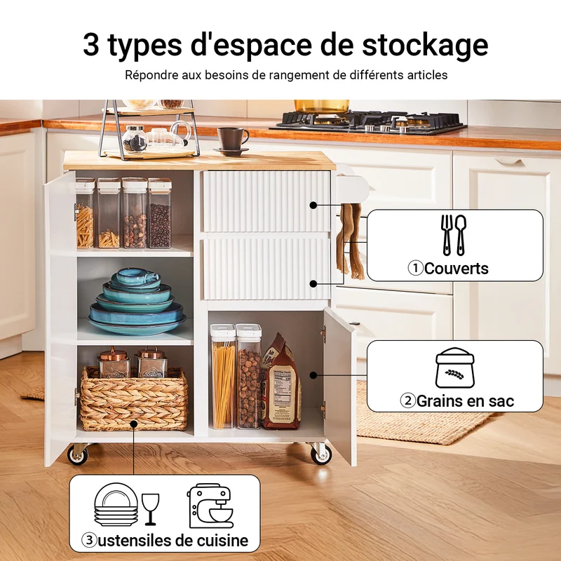 SoBuy FKW124-WN Desserte Cuisine avec Roulettes, Tiroirs et Barre latérale, Mobile, Rangement Optimisé – L90×P40×H90 cm, Bois d’Hévéa, Blanc et Naturel