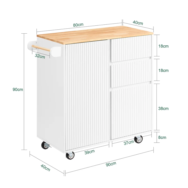 SoBuy FKW124-WN Desserte Cuisine avec Roulettes, Tiroirs et Barre latérale, Mobile, Rangement Optimisé – L90×P40×H90 cm, Bois d’Hévéa, Blanc et Naturel