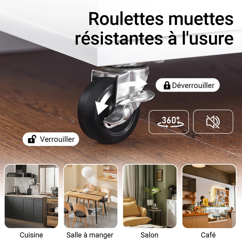 SoBuy FKW124-WN Desserte Cuisine avec Roulettes, Tiroirs et Barre latérale, Mobile, Rangement Optimisé – L90×P40×H90 cm, Bois d’Hévéa, Blanc et Naturel
