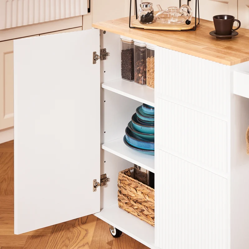 SoBuy FKW124-WN Desserte Cuisine avec Roulettes, Tiroirs et Barre latérale, Mobile, Rangement Optimisé – L90×P40×H90 cm, Bois d’Hévéa, Blanc et Naturel