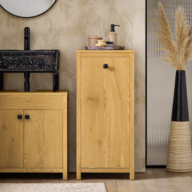 SoBuy BZR96-SN Armoire à Linge avec Sac à Linge, Meuble Bas de Salle de Bain, Coffre à Linge avec 1 Panier à Linge