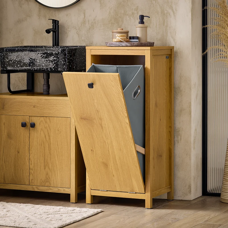 SoBuy BZR96-SN Armoire à Linge avec Sac à Linge, Meuble Bas de Salle de Bain, Coffre à Linge avec 1 Panier à Linge