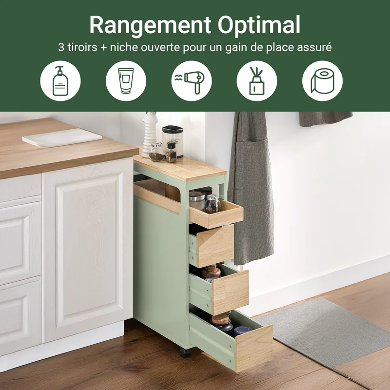 SoBuy BZR54-GR Meuble Salle de Bain à roulettes, Armoire de Salle de Bain Étroit avec 3 Tiroirs et Étagère Réglable, Petit Meuble WC en Bois pour Toilette, Vert, 65x24x82cm