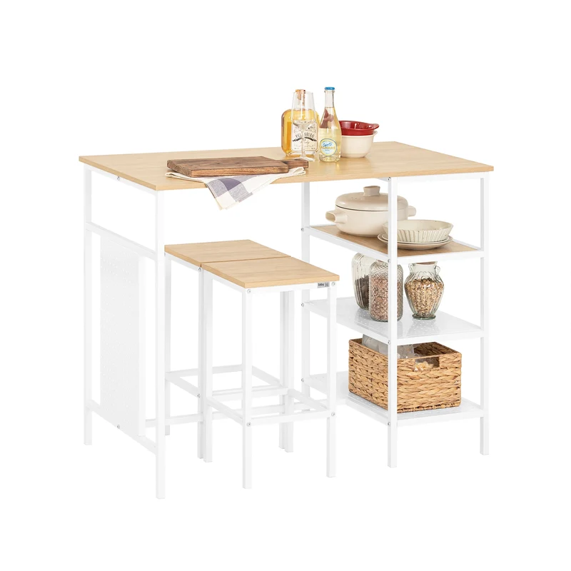 SoBuy OGT51-WN Ensemble Table et 2 Tabourets, Table Cuisine avec 3 Étagères Latérales, Table Haute Mange-Debout