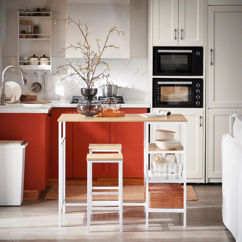 SoBuy OGT51-WN Ensemble Table et 2 Tabourets, Table Cuisine avec 3 Étagères Latérales, Table Haute Mange-Debout