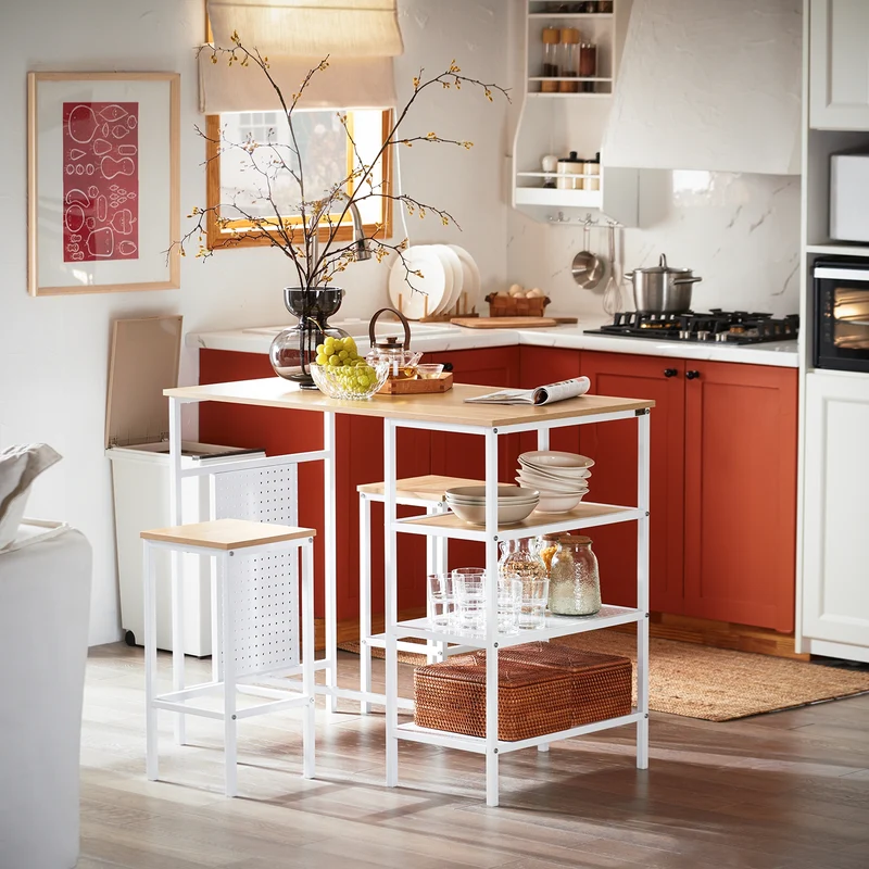 SoBuy OGT51-WN Ensemble Table et 2 Tabourets, Table Cuisine avec 3 Étagères Latérales, Table Haute Mange-Debout