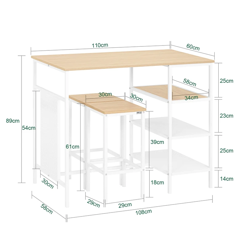 SoBuy OGT51-WN Ensemble Table et 2 Tabourets, Table Cuisine avec 3 Étagères Latérales, Table Haute Mange-Debout