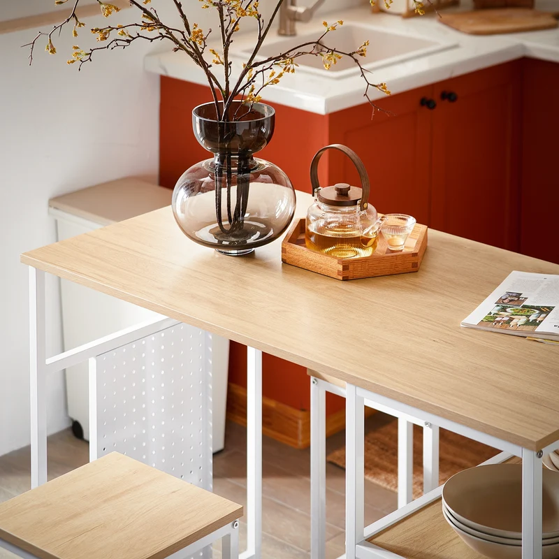 SoBuy OGT51-WN Ensemble Table et 2 Tabourets, Table Cuisine avec 3 Étagères Latérales, Table Haute Mange-Debout