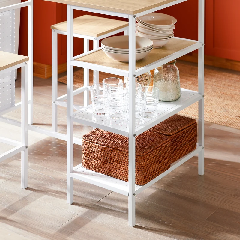 SoBuy OGT51-WN Ensemble Table et 2 Tabourets, Table Cuisine avec 3 Étagères Latérales, Table Haute Mange-Debout