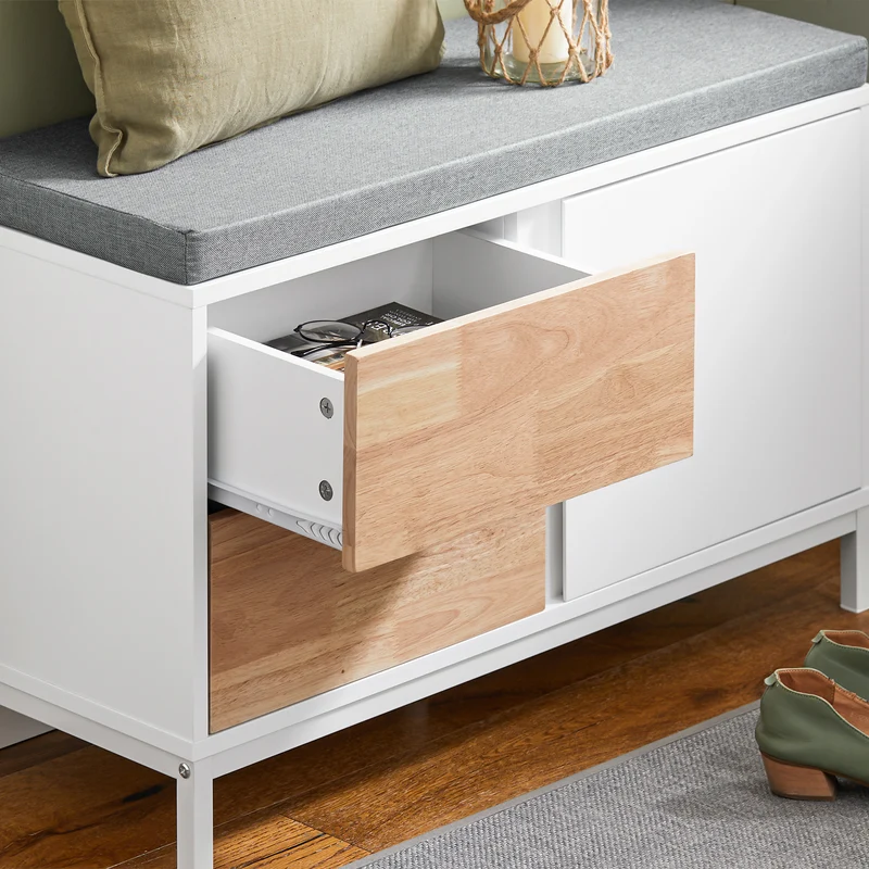 SoBuy FSR167-WN Banc à Chaussures, Banc de Rangement avec Coussin rembourré, Meuble Bas Entrée sur Pieds avec 1 Porte et 2 Tiroirs