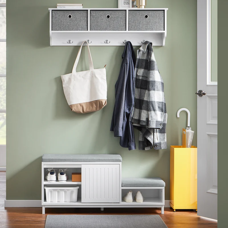 SoBuy FSR166-W Banc de Rangement, Banc à Chaussures avec 2 Coussin Rembourré, avec 1 Porte Coulissante et 3 Compartiments